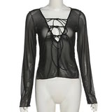 Tineit Sexy Mesh See Through Full Sleeve Split Tshirt Transparent Crop Top Lace Up V Neck Gothic Grunge Emo Alt Streetwear Women