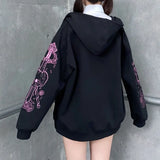 Tineit 2024 Fall Fashion Black Sweatshirt Zip-up Long Sleeve Oversize Hoodies Autumn Winter Coat Women Gothic Print Jackets Female Grunge Clothes