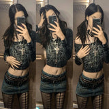 Tineit Gothic Grunge Black T-shirt Retro Diamonds Graphic Print Full Sleeve Slim Fit Crop Top y2k Vintage Pullovers Tees Women