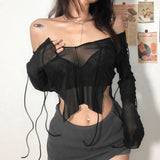 Tineit Sexy Mesh See Through Full Sleeve Split Tshirt Transparent Crop Top Lace Up V Neck Gothic Grunge Emo Alt Streetwear Women