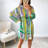 Tineit Vintage Graphic Print Shirt Dress Sexy Women V Neck Long Sleeve Blue Green Loose Beach Syle Party Casual Mini Dresses Autumn