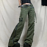 Tineit y2k Grunge Green Zipper Jeans Bandage Low Waist Cargo Pants Gothic Punk Baggy Retro Kawaii Trousers Women Korean Sweatpants