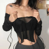 Tineit Sexy Mesh See Through Full Sleeve Split Tshirt Transparent Crop Top Lace Up V Neck Gothic Grunge Emo Alt Streetwear Women