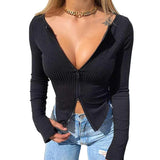 Tineit Chic Women Double Zipper Up Rib Knitted T-shirt Spring Autumn Long Sleeve Slim Fit Basic Tees 90s Vintage Elegant Crop Tops