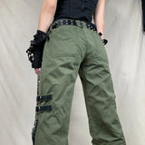 Tineit y2k Grunge Green Zipper Jeans Bandage Low Waist Cargo Pants Gothic Punk Baggy Retro Kawaii Trousers Women Korean Sweatpants