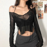 Tineit Sexy Mesh See Through Full Sleeve Split Tshirt Transparent Crop Top Lace Up V Neck Gothic Grunge Emo Alt Streetwear Women