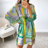 Tineit Vintage Graphic Print Shirt Dress Sexy Women V Neck Long Sleeve Blue Green Loose Beach Syle Party Casual Mini Dresses Autumn