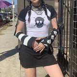 Tineit Punk Style T-shirt y2k Gothic Contrast Baby Tee with Detachable Reversible Arm Warmers Harajuku Grunge Crop Top Women