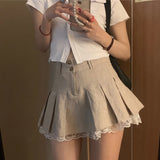 Tineit Pleated Mini Skirt Women Summer Short Lace Trim Skirts Female Preppy Style Khaki High Waist Skirt Girl School Uniform Miniskirt