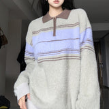 Tineit 2024 Fall Fashion Half Zip Striped Fuzzy Oversized Sweater