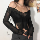 Tineit Sexy Mesh See Through Full Sleeve Split Tshirt Transparent Crop Top Lace Up V Neck Gothic Grunge Emo Alt Streetwear Women