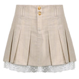 Tineit Pleated Mini Skirt Women Summer Short Lace Trim Skirts Female Preppy Style Khaki High Waist Skirt Girl School Uniform Miniskirt