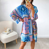 Tineit Vintage Graphic Print Shirt Dress Sexy Women V Neck Long Sleeve Blue Green Loose Beach Syle Party Casual Mini Dresses Autumn