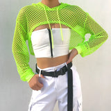 Tineit Neon Color Long Sleeve Short Mesh Hoodies Sexy Fishnet Cover Up Crop Tops Women Fashion Hollow Out Smocks for Lady Sporty Beach