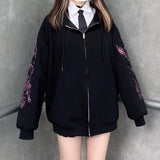 Tineit 2024 Fall Fashion Black Sweatshirt Zip-up Long Sleeve Oversize Hoodies Autumn Winter Coat Women Gothic Print Jackets Female Grunge Clothes