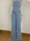 birthday outfits 24 Spring and Summer Popular Women's Sexy Denim Sequined Slim Tube Top Wide Leg Pants