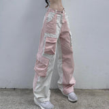 Tineit 90s streetwear American Sports Street Contrast Color High Waist Corduroy Trousers 2024 Spring and Summer New Multi-Pocket Straight Wide Leg Workwear