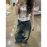 90s streetwear Millennium American Retro Distressed Wide-Leg Jeans Women's Clothing 2024 New Loose Casual Straight Pants Ins