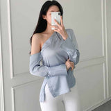 skater boy outfits Chic Autumn French Temperament Irregular Shoulder Design Sexy Waist Solid Color Long Sleeve Shirt Top for Women