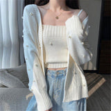 mens outfit inspiration Women's Korean-Style Cardigan Sweater and Sling Two-Piece Suit Spring and Autumn Lazy Pearl Heavy Work Top Casual Knitted Coat