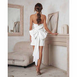 white dress Spring and Summer Women's Solid Color off-the-Shoulder Back Bow Dress