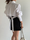 Tineit Cutout Back Tie Button Oversized Cropped Shirt