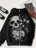 hipster 2024 New Cardigan Sweater Dark Skull Casual American Zipper Men's Style Hoodie Black Trendy Black Coat