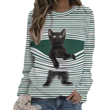 288014 Women's Top plus Size Autumn and Winter New Black Cat Striped round Neck T-shirt for Women