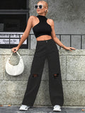 outfit inspo Women's Ins Fashion Ripped High Waist Wide Leg Pants Casual Denim Pants Fashion