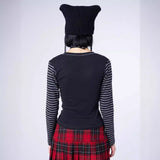 2024 Autumn New Dark Style Women's Striped Long Sleeve Stitching Skull Printed Punk Short T-shirt