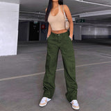 frat boy outfits Women's Street Fashion Multi-Pocket Workwear Straight Trousers High Waist Slimming Loose Khaki Jeans for Women