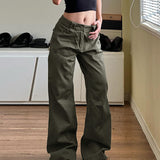 Tineit baggy jeans Workwear Style Large Pocket Solid Color Loose Wide Leg Casual Pants Hot Girl Street Low Waist Slimming All-Matching Trousers