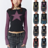 90s streetwear Y2K Star Striped Sweet Cool Women's Long Sleeve Striped Stitching T-shirt Five-Pointed Star Embroidered Casual Top 3324