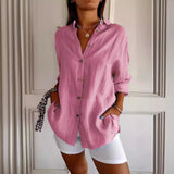 fashion outfits 2024 Single-Breasted Pleated Lapel Shirt Women's Solid Color Sleeve Top