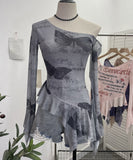 Tie-Dyed Mesh Shoulder Top Hot Girl Sexy Slim off-Shoulder Flared Long Sleeve Irregular Top 9955