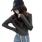 classy outfits men Autumn Women's Mishen Hooded Twist Sweater Women's Autumn Short V-neck Tight Waist Sweater Pullover Top