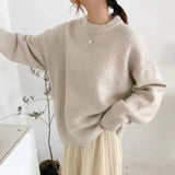 Tineit men fall outfits casual Gray Sweater Women's Autumn and Winter Loose Retro Hong Kong Style Lazy Style round Neck Pullover Top Thick Thread Outer Wear Sweater Women