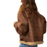 Thickened Fur Stitching Warm Loose Lapel Zipper Coffee Brown Motorcycle Leather Coat for Women