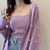 mens outfit inspiration Women's Korean-Style Cardigan Sweater and Sling Two-Piece Suit Spring and Autumn Lazy Pearl Heavy Work Top Casual Knitted Coat