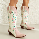 Women's Boots 35-Size 48 New Flower Embroidered Western Boots High Thick Heel Embroidered Pink Denim Boots