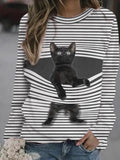 288014 Women's Top plus Size Autumn and Winter New Black Cat Striped round Neck T-shirt for Women