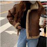 Thickened Fur Stitching Warm Loose Lapel Zipper Coffee Brown Motorcycle Leather Coat for Women