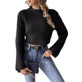 simple winter outfits Women's Short Cropped Cropped Top Woven Sweater Autumn and Winter Bell Sleeve Half Turtleneck Pullover Sweater