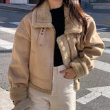 Thickened Fur Stitching Warm Loose Lapel Zipper Coffee Brown Motorcycle Leather Coat for Women