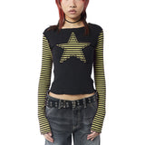 90s streetwear Y2K Star Striped Sweet Cool Women's Long Sleeve Striped Stitching T-shirt Five-Pointed Star Embroidered Casual Top 3324