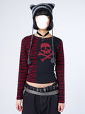 2024 Autumn New Dark Style Women's Striped Long Sleeve Stitching Skull Printed Punk Short T-shirt