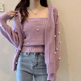 mens outfit inspiration Women's Korean-Style Cardigan Sweater and Sling Two-Piece Suit Spring and Autumn Lazy Pearl Heavy Work Top Casual Knitted Coat