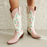 Women's Boots 35-Size 48 New Flower Embroidered Western Boots High Thick Heel Embroidered Pink Denim Boots