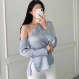 skater boy outfits Chic Autumn French Temperament Irregular Shoulder Design Sexy Waist Solid Color Long Sleeve Shirt Top for Women