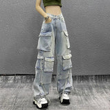 classy outfits men American Style Hip Hop Pants Multi-Pocket Heavy Industry Overalls Women's 2024 Summer High Waist Retro Straight Jeans Women